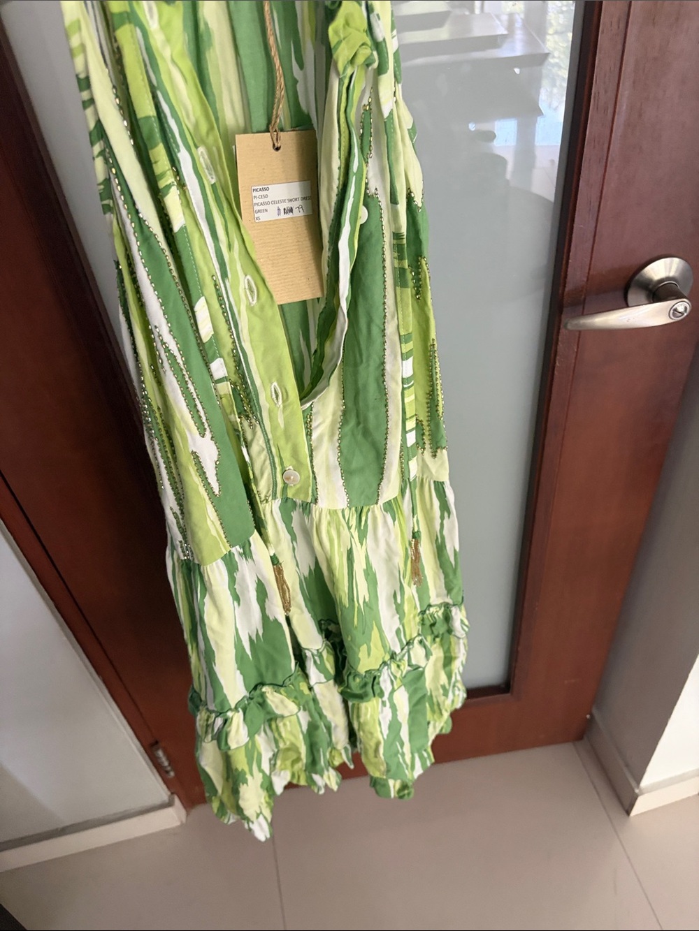Skemo luxury boho chic summer beaded Green Patterned Halter Sundress, ruffles